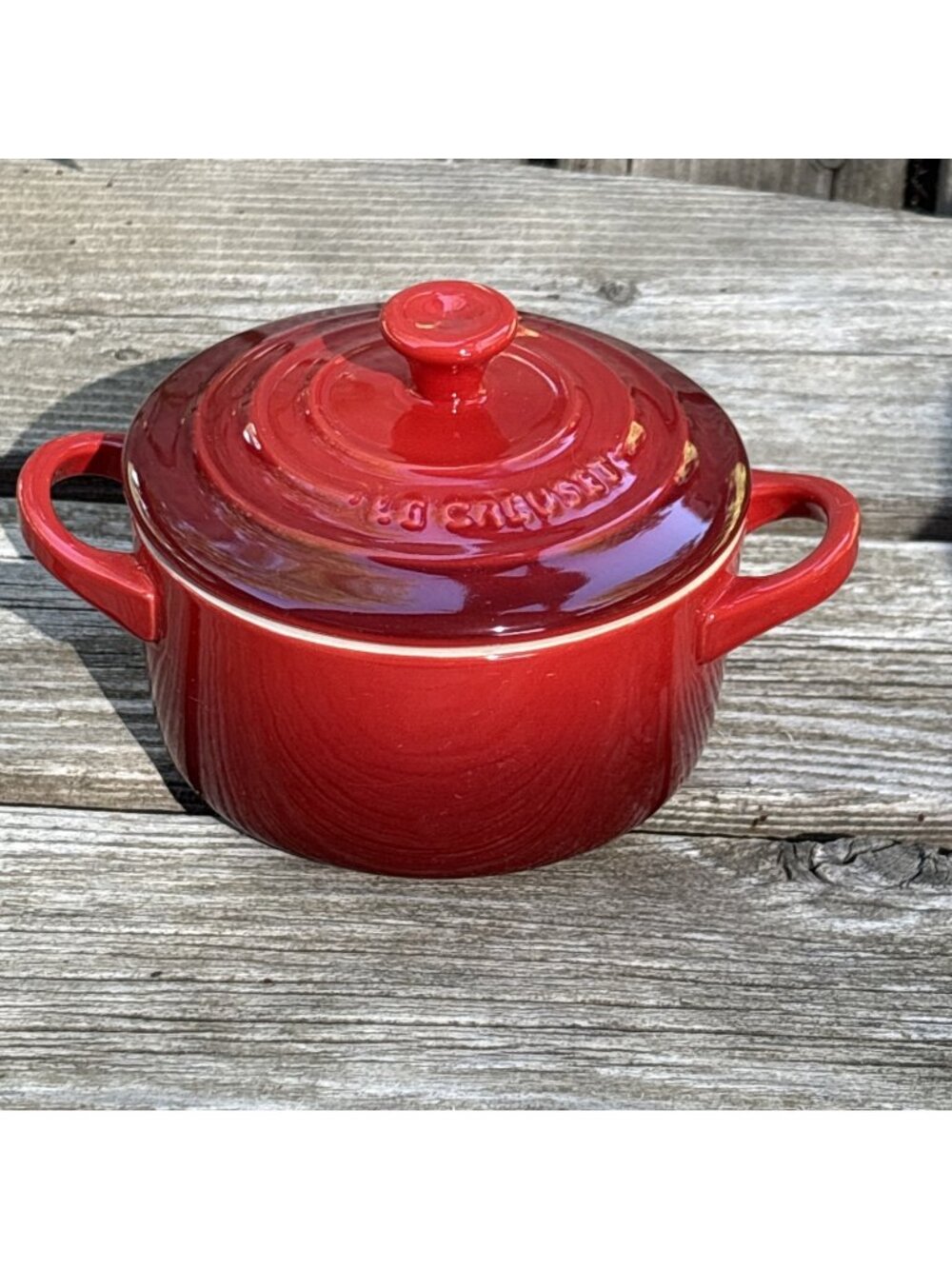 Le Creuset Mini Dutch Oven Cocotte Cerise Enameled Ceramic Ramekin Round Lid 8oz